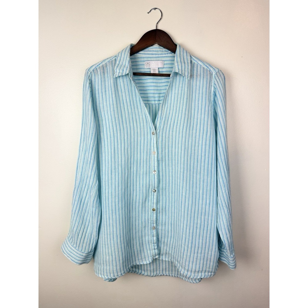 C&C California Women's 100% Linen Striped Shirt XL